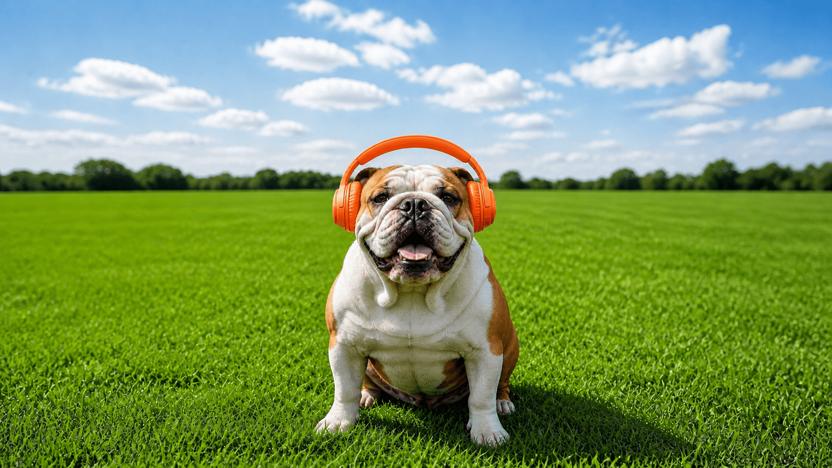 Woefler bulldog met oranje koptelefoon